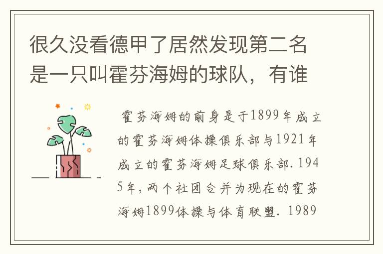 很久没看德甲了居然发现第二名是一只叫霍芬海姆的球队,有谁知道吗