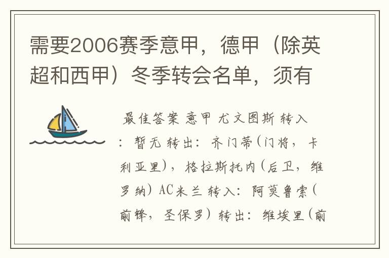 需要2006赛季意甲,德甲(除英超和西甲)冬季转会名单,须有转会方式