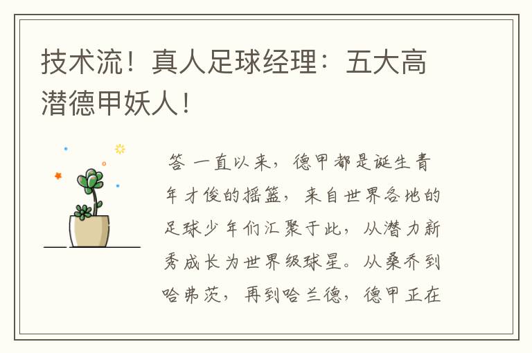 技术流!真人足球经理:五大高潜德甲妖人!