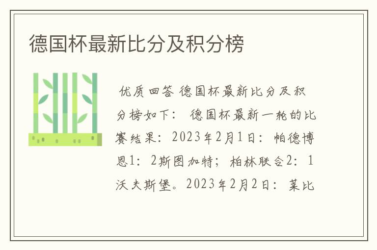 德国杯最新比分及积分榜