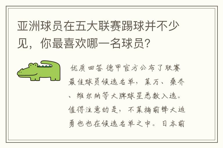 亚洲球员在五大联赛踢球并不少见,你最喜欢哪一名球员?