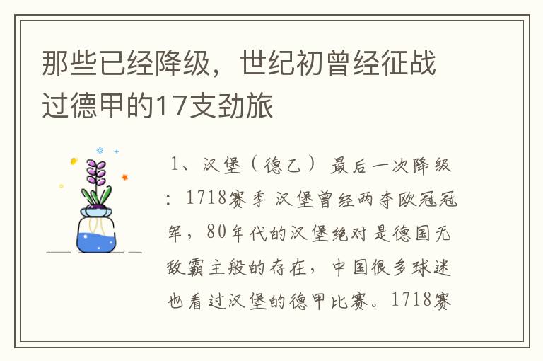 那些已经降级,世纪初曾经征战过德甲的17支劲旅