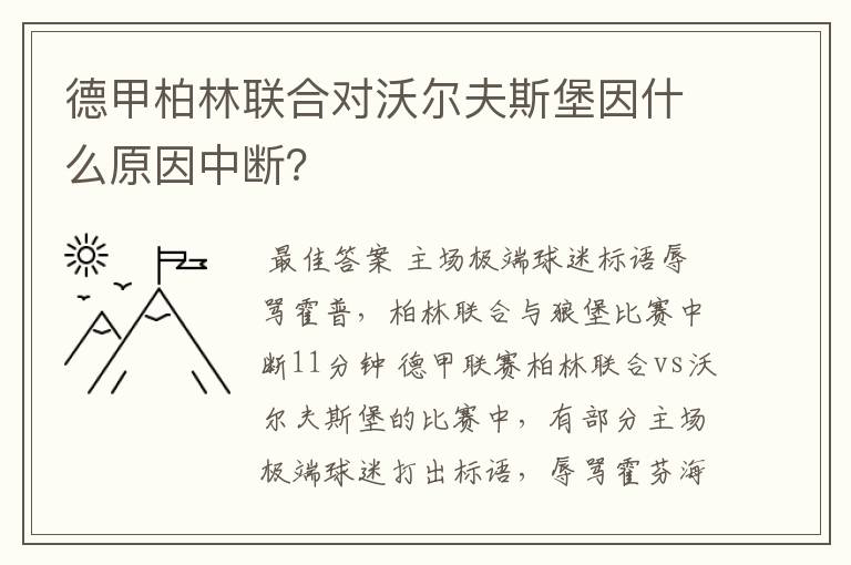 德甲柏林联合对沃尔夫斯堡因什么原因中断?