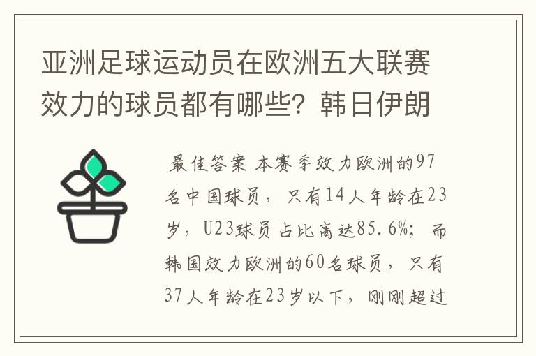 亚洲足球运动员在欧洲五大联赛效力的球员都有哪些?韩日伊朗 都是比较多吧!
