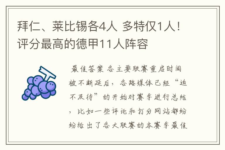 拜仁、莱比锡各4人 多特仅1人!评分最高的德甲11人阵容