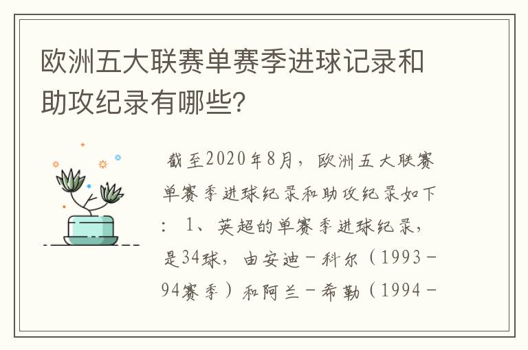 欧洲五大联赛单赛季进球记录和助攻纪录有哪些?