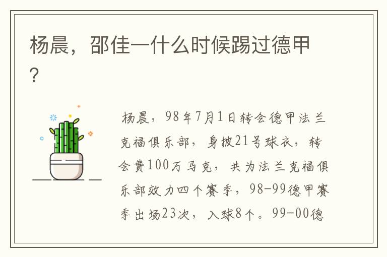 杨晨,邵佳一什么时候踢过德甲?
