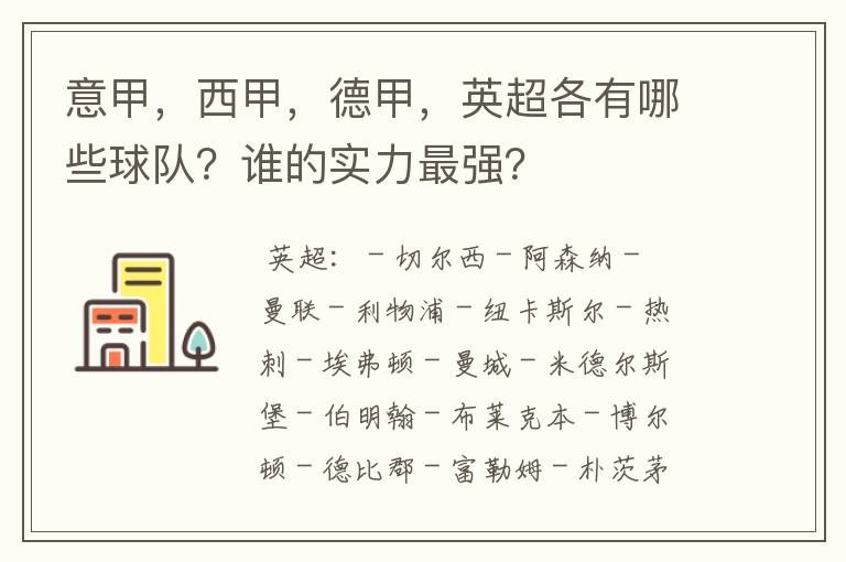 意甲,西甲,德甲,英超各有哪些球队?谁的实力最强?