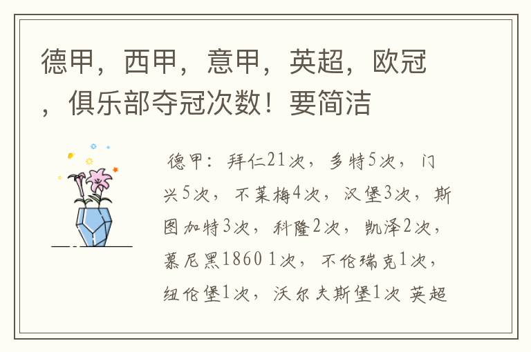 德甲,西甲,意甲,英超,欧冠,俱乐部夺冠次数!要简洁