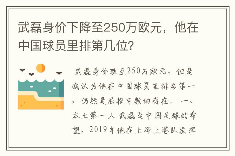 武磊身价下降至250万欧元,他在中国球员里排第几位?