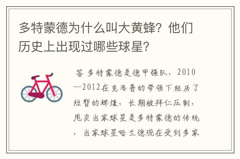 多特蒙德为什么叫大黄蜂?他们历史上出现过哪些球星?