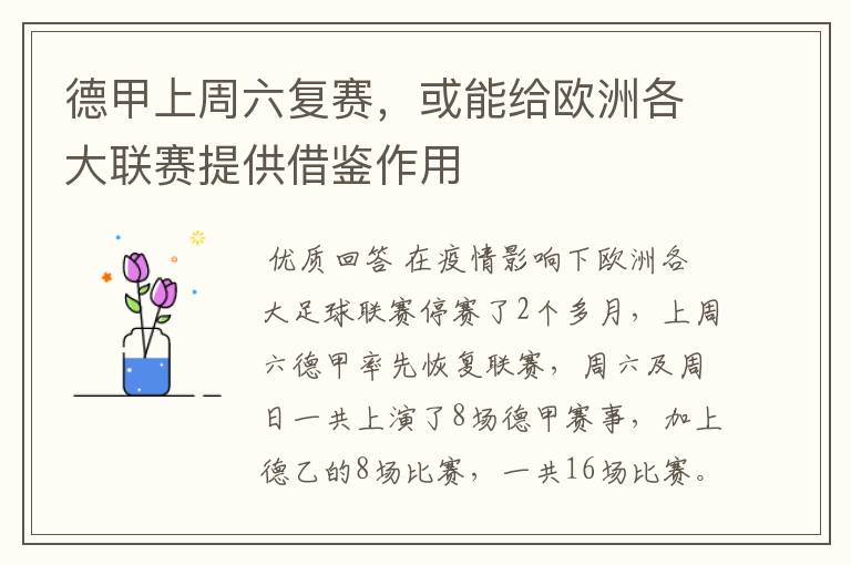 德甲上周六复赛,或能给欧洲各大联赛提供借鉴作用