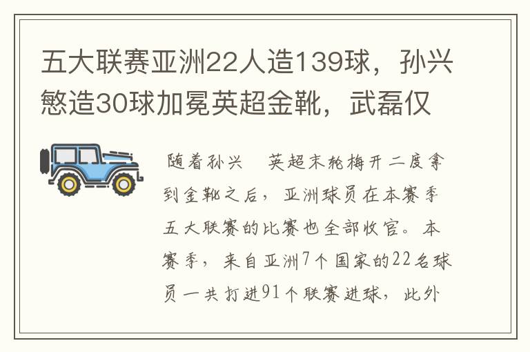 五大联赛亚洲22人造139球,孙兴慜造30球加冕英超金靴,武磊仅1球