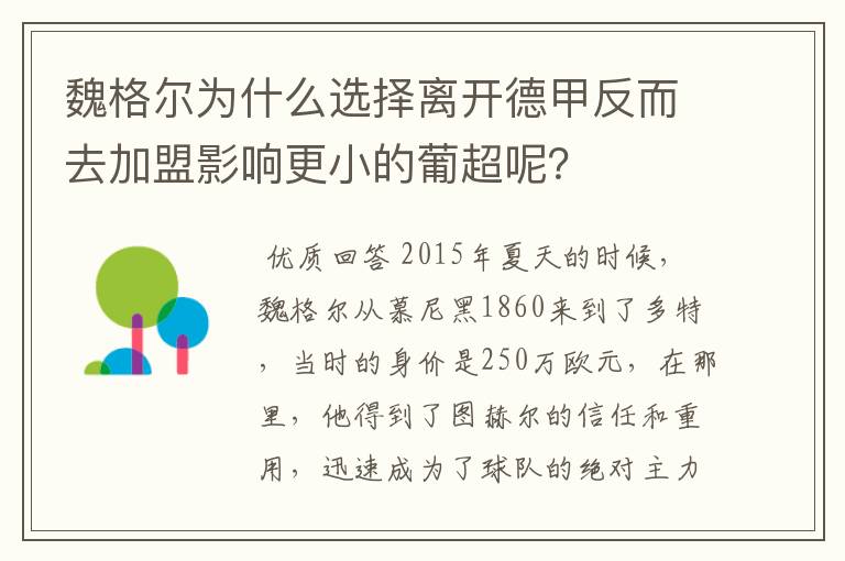 魏格尔为什么选择离开德甲反而去加盟影响更小的葡超呢?
