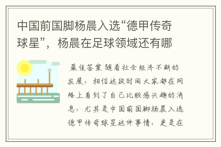 中国前国脚杨晨入选“德甲传奇球星”,杨晨在足球领域还有哪些成就?