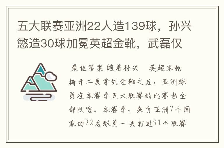 五大联赛亚洲22人造139球,孙兴慜造30球加冕英超金靴,武磊仅1球