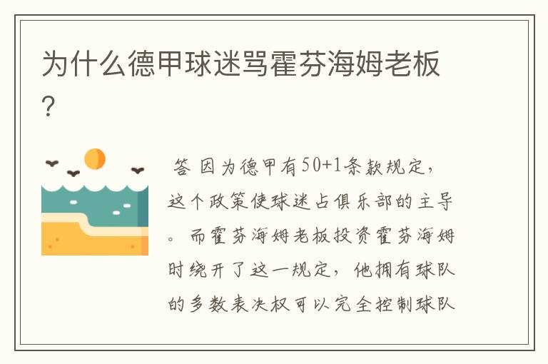为什么德甲球迷骂霍芬海姆老板?
