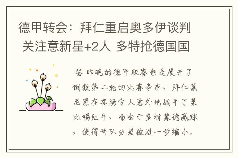 德甲转会:拜仁重启奥多伊谈判 关注意新星+2人 多特抢德国国脚