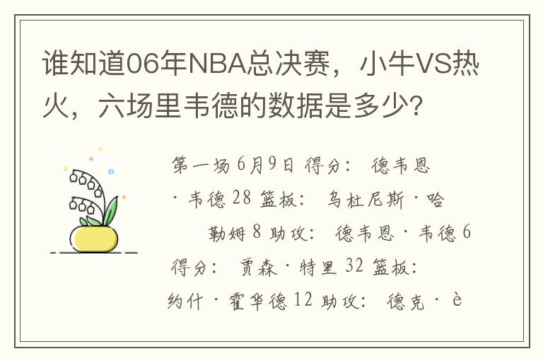 谁知道06年NBA总决赛,小牛VS热火,六场里韦德的数据是多少?