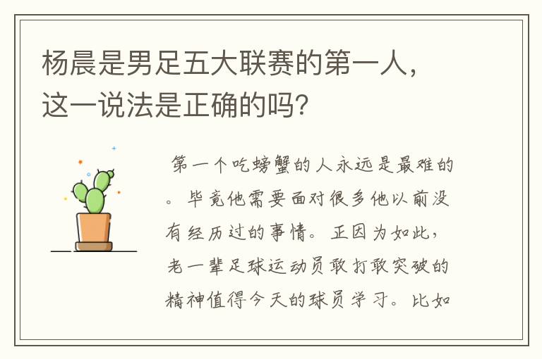 杨晨是男足五大联赛的第一人,这一说法是正确的吗?