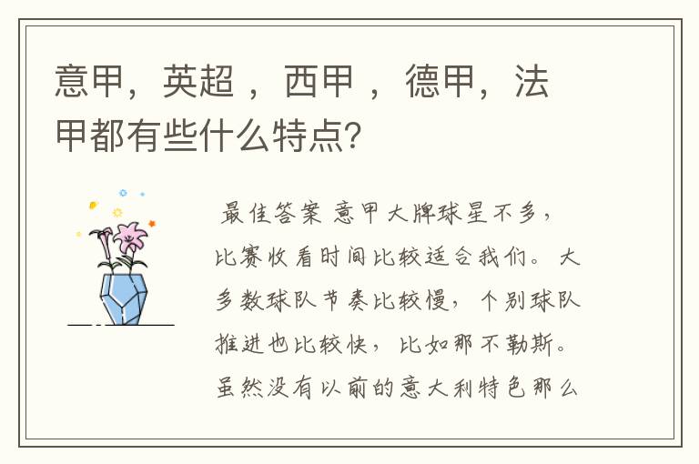 意甲,英超 ,西甲 ,德甲,法甲都有些什么特点?