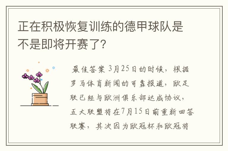 正在积极恢复训练的德甲球队是不是即将开赛了?