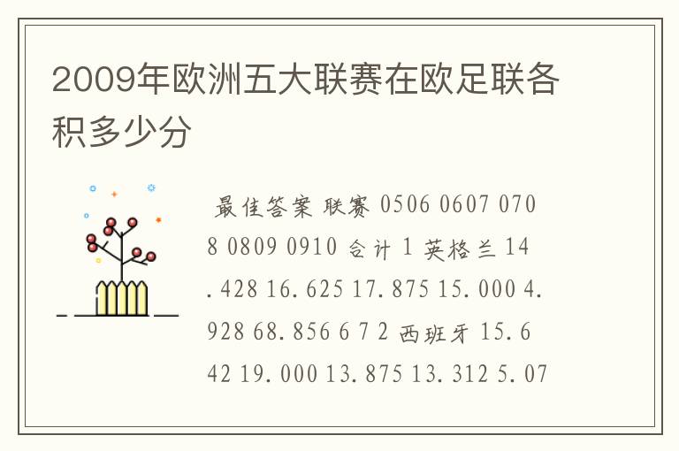 2009年欧洲五大联赛在欧足联各积多少分