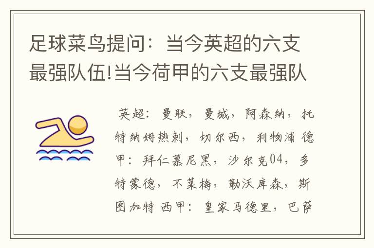 足球菜鸟提问:当今英超的六支最强队伍!当今荷甲的六支最强队伍!当今法甲的六支最强队伍!