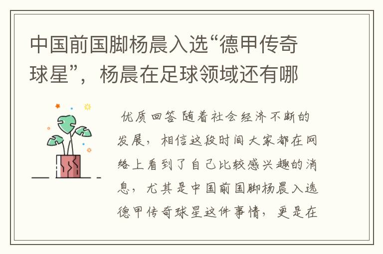 中国前国脚杨晨入选“德甲传奇球星”,杨晨在足球领域还有哪些成就?