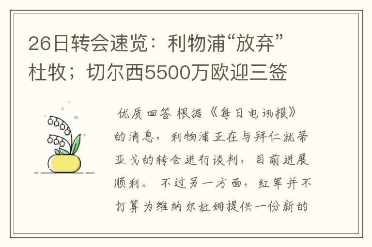 26日转会速览:利物浦“放弃”杜牧;切尔西5500万欧迎三签