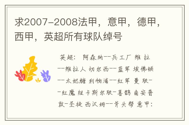 求2007-2008法甲,意甲,德甲,西甲,英超所有球队绰号