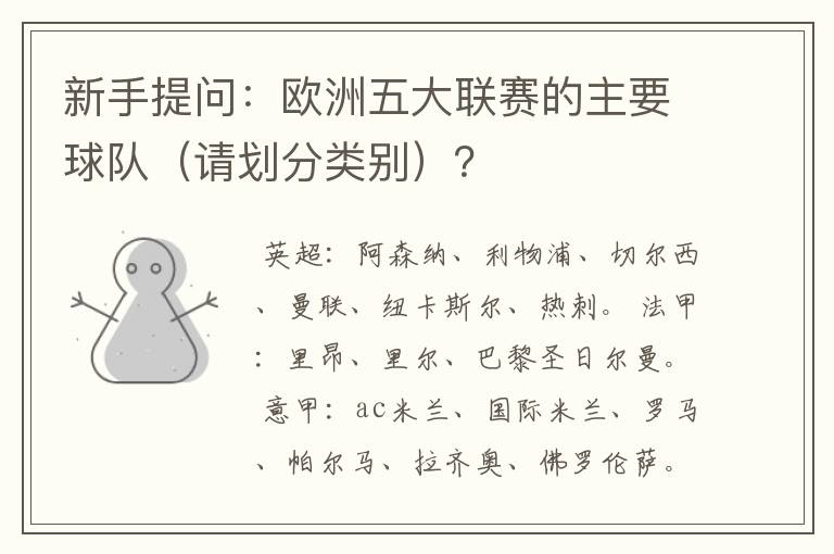 新手提问:欧洲五大联赛的主要球队(请划分类别)?