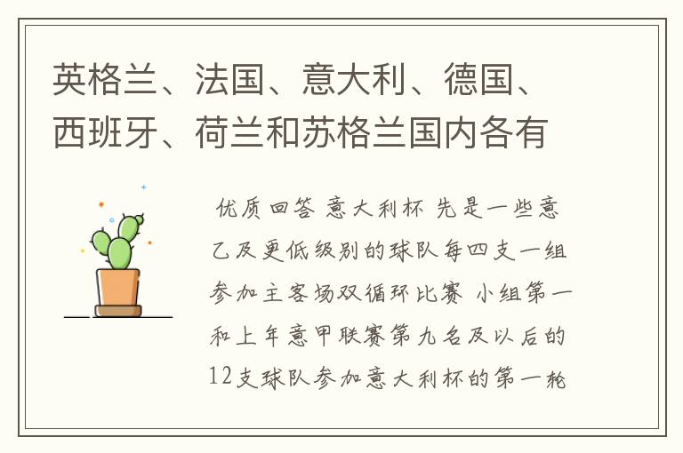 英格兰、法国、意大利、德国、西班牙、荷兰和苏格兰国内各有什么杯赛?