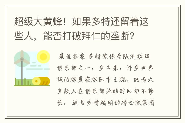 超级大黄蜂!如果多特还留着这些人,能否打破拜仁的垄断?