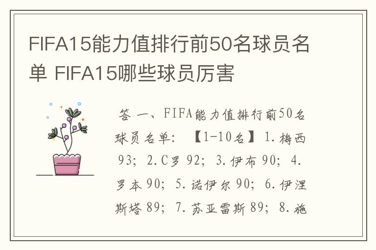 FIFA15能力值排行前50名球员名单 FIFA15哪些球员厉害