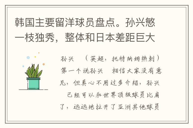 韩国主要留洋球员盘点。孙兴慜一枝独秀,整体和日本差距巨大