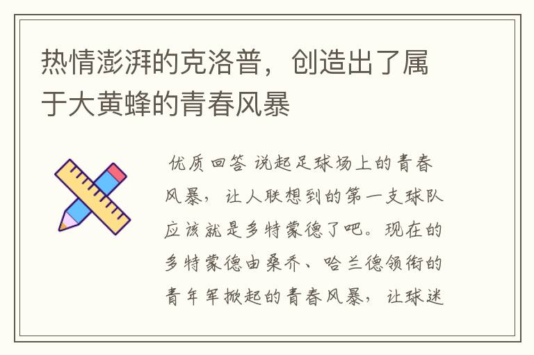 热情澎湃的克洛普,创造出了属于大黄蜂的青春风暴
