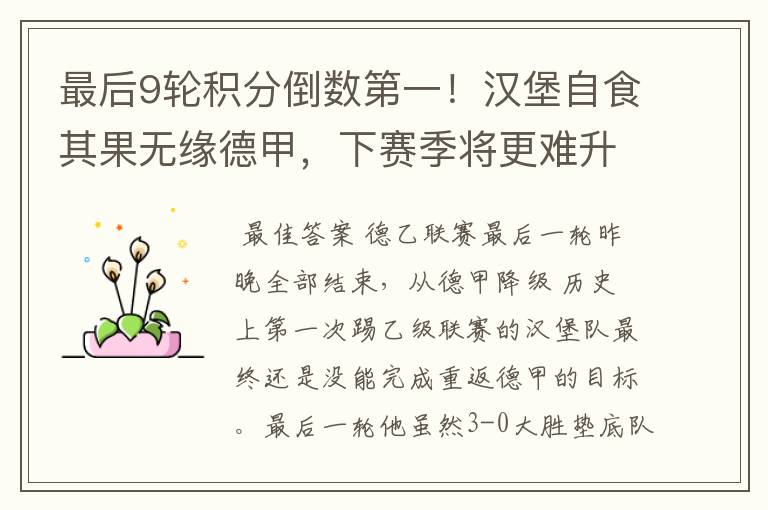 最后9轮积分倒数第一!汉堡自食其果无缘德甲,下赛季将更难升级