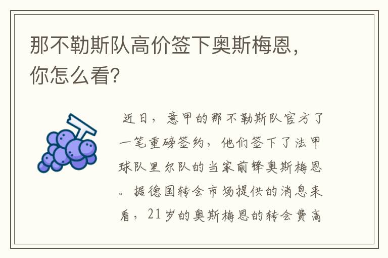 那不勒斯队高价签下奥斯梅恩,你怎么看?
