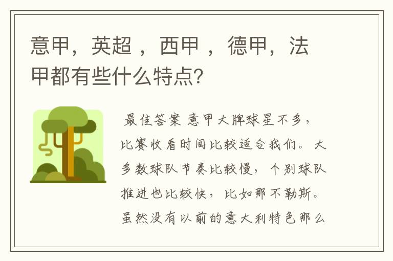 意甲,英超 ,西甲 ,德甲,法甲都有些什么特点?