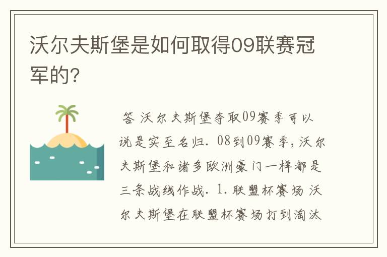 沃尔夫斯堡是如何取得09联赛冠军的?