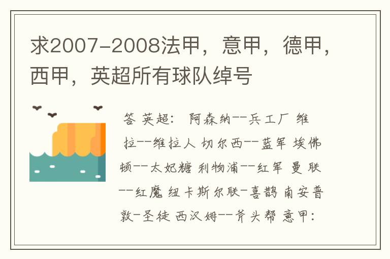 求2007-2008法甲,意甲,德甲,西甲,英超所有球队绰号