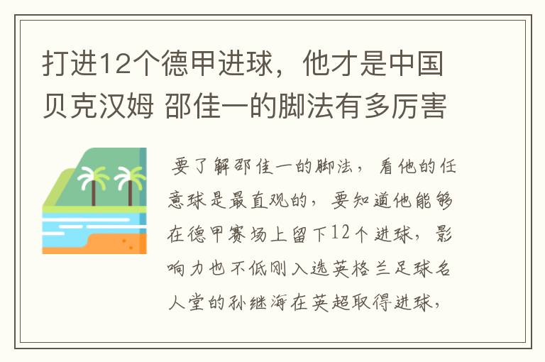 打进12个德甲进球,他才是中国贝克汉姆 邵佳一的脚法有多厉害