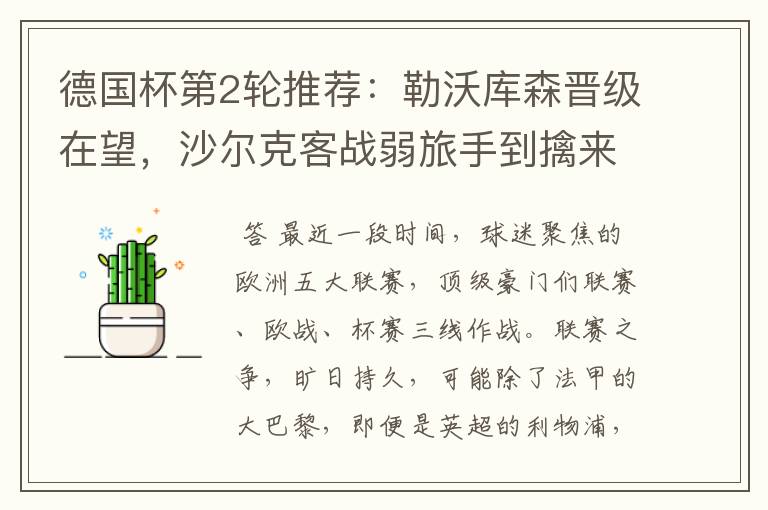 德国杯第2轮推荐:勒沃库森晋级在望,沙尔克客战弱旅手到擒来