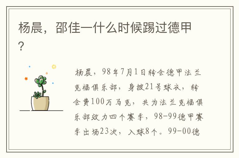 杨晨,邵佳一什么时候踢过德甲?