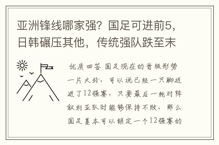 亚洲锋线哪家强?国足可进前5,日韩碾压其他,传统强队跌至末尾