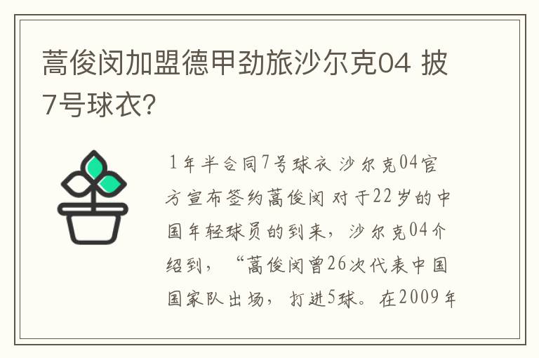 蒿俊闵加盟德甲劲旅沙尔克04 披7号球衣?