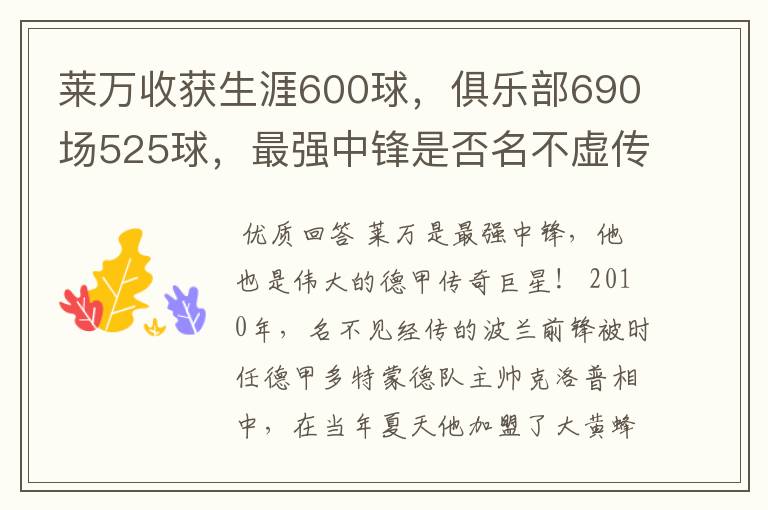 莱万收获生涯600球,俱乐部690场525球,最强中锋是否名不虚传?
