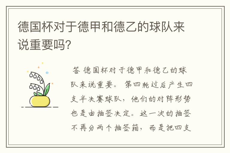 德国杯对于德甲和德乙的球队来说重要吗?