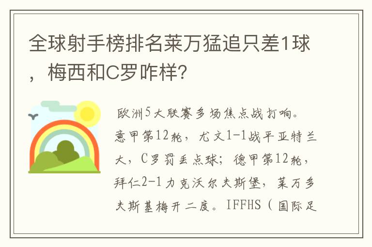 全球射手榜排名莱万猛追只差1球,梅西和C罗咋样?